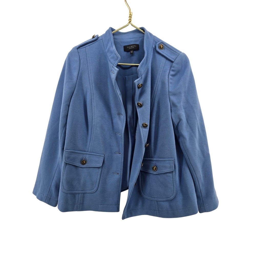 Talbots Jacket Womens 14WP Military Utility Blue Crest Button Epaulette EUC